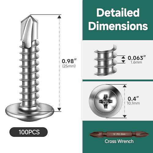 #10 x 1 Self Tapping Screws for Metal, Truss Head Phillips Drive 410 Stainless Steel Self Drilling Sheet Metal Screws with Drill Bit, Fast Tapping (Box of 100) - color: Silver, size: #10 x 1"