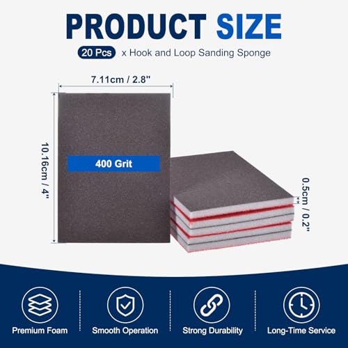20Pcs 400Grit Sanding Sponges, 4x2.8In Hook & Loop Black - size: 400 Grit