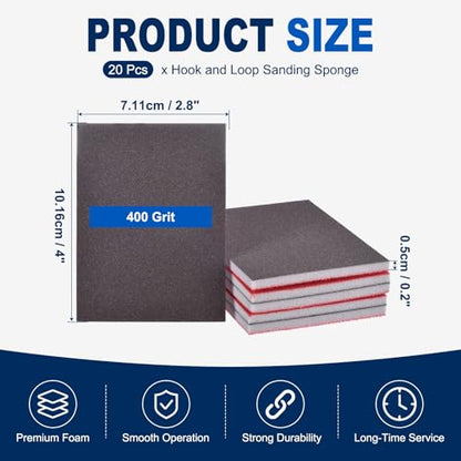 20Pcs 400Grit Sanding Sponges, 4x2.8In Hook & Loop Black - size: 400 Grit