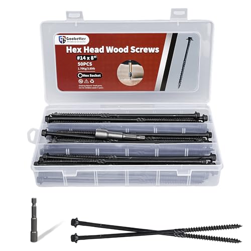 Lag Screws 8 Inch, 50Pcs #14 x 8 Heavy-Duty Structural Wood Screws, Hex Washer Head, Black Rust Resistant Coated, Long Outdoor Deck Screws for Timber Fence Log, Hex Socket Included - size: #14 x 8