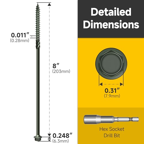 Mywish 20 Pack #14 x 8 Inch Exterior Lag Screws, 6.3x100mm Serrated Hex Washer Structural Deck Wood Screw, Heavy Duty Construction Screw, Rust Resistant Green Coated, Exterior Wood Screws - size: 14 x 8"