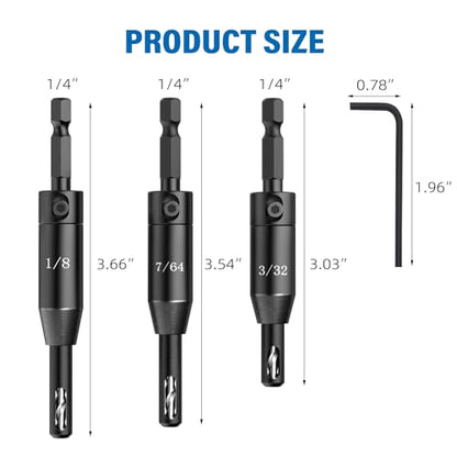 BURMONG 6-Piece Self Centering Drill Bit Set, Durable HSS VIX Bit with Hex Key, 3/32”, 7/64”, 1/8” Center Drill Bits, 1/4 Inch Hex Shank for Drilling Holes & Installing Hinges
