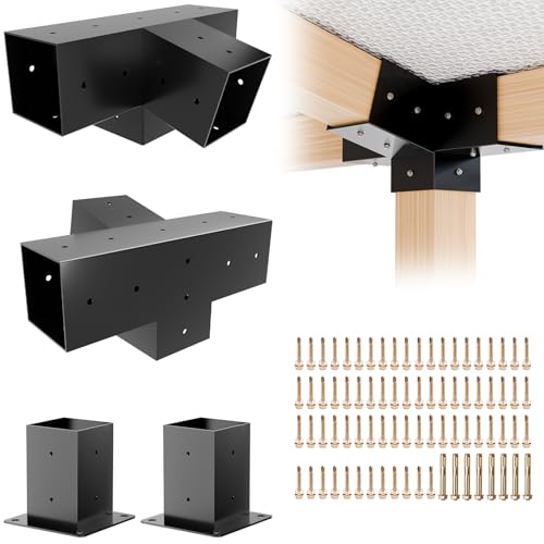 Pergola Kit, Slanted Roof Pergola Bracket, 4-Way Brackets with Post Base Kit, Log Cabin Outdoor 4"x 4" (Actual 3.5" X 3.5") Lumber - color: 1PC 15°4-Way+1PC 75°4-Way+2PC Post Base