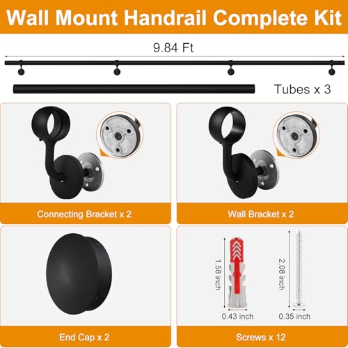 ROTHLEY 9.8 FT ADA Industrial Handrails for Indoor Stairs: Metal Staircase Handrails Wall Mount Stair Handrail 1.6" Sturdy Pipe Hand Railings for Steps Matt Black Powder Coat Stairway Railing - size: 9.8FT