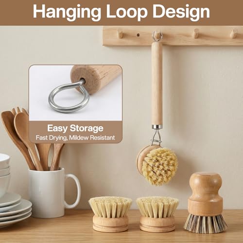 5 Pcs Bamboo Dish Brush Set Includes 1 Wooden Handle with 3 Natural Replaceable Bristle Heads and 1 Handheld Bamboo Wok Brush Scrubber for Dishes Pans Pots Fruit and Veggie Washing(Style B)