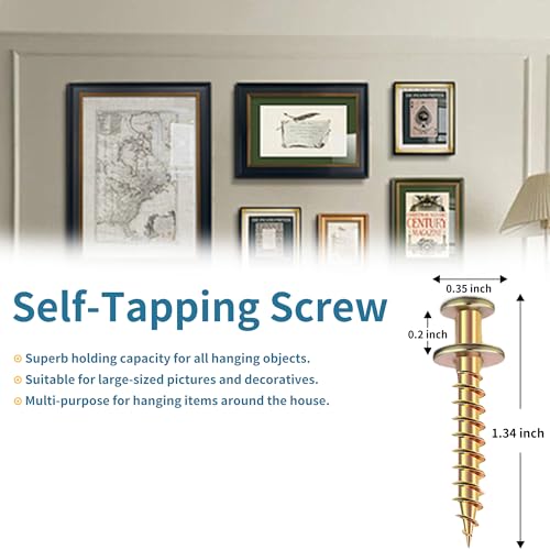 15 Pcs 100lb Picture Hangers Double Headed Screws Picture Hanging Kit Hooks Self Tapping Wall Hangers Screw for Keyholes D-Rings Sawtooth Drywall Wooden Wall Picture Hanging Nails