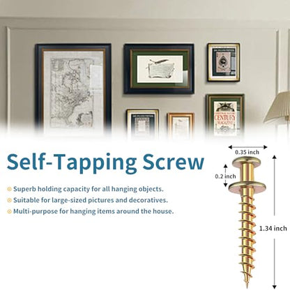 15 Pcs 100lb Picture Hangers Double Headed Screws Picture Hanging Kit Hooks Self Tapping Wall Hangers Screw for Keyholes D-Rings Sawtooth Drywall Wooden Wall Picture Hanging Nails