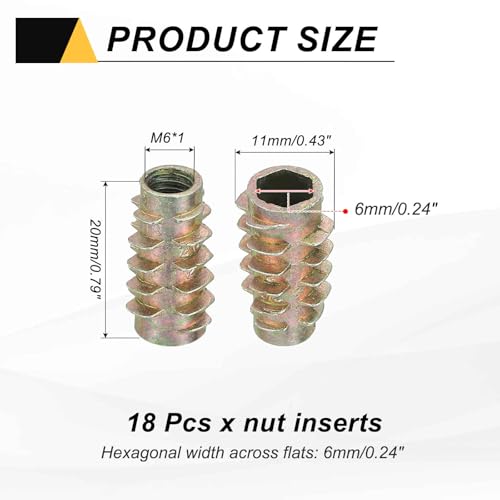 MECCANIXITY 18 Pcs Threaded Inserts for Wood, Zinc Alloy M6 Thread Inserts Nuts Hex-Flush Socket Drive Screw 20mm Length for Furniture, Cabinet, Tables and Chairs - size: M6x20mm