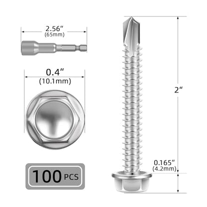 #10 x 2 (100 PCS) Sheet Metal Screws, Hex Washer Head Self Drilling Screw, 410 Stainless Steel Flanged Fast Self Tapping Screws - size: #10 x 2"