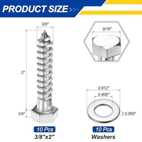 10 Pcs Hex Head Lag Screws 3/8"x2" Silver - color: Silver, size: 3/8"x2"