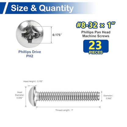 23 Sets #8-32 x 1 Pan Head Machine Screws Nuts Washers Assortment Kit - size: #8-32 x 1"