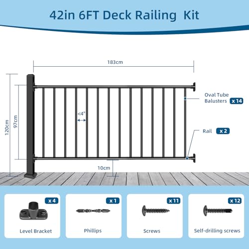 Horizontal Deck Railing Aluminum,42in H x 6ft W,Black,1Post & 1Panel - size: 42in.H x 6ft.W