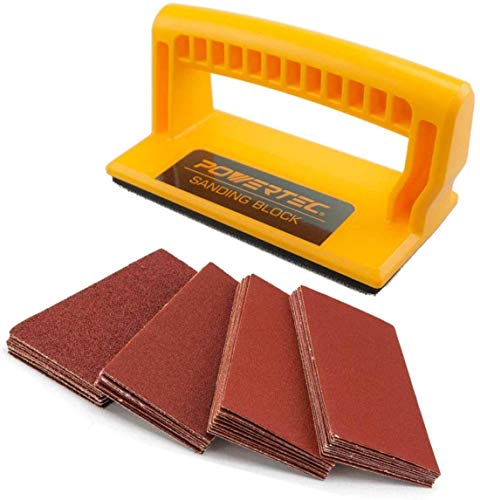 POWERTEC Sanding Block w/ 40 Sheets Hook and Loop Sandpaper (40, 80, 120, 180 Grit, 10 Each) for Woodworking, Sanding Tool for Wood, Crafts, Auto Body, Paint, Drywall (71435)