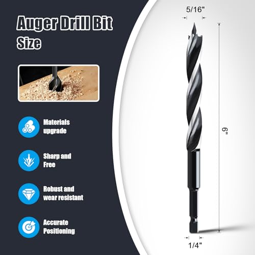 2PC 5/16"x6" Auger Drill Bit for Wood,Hex Shank Tri Flute Drill Bit - size: 5/16"x6"(2pc)