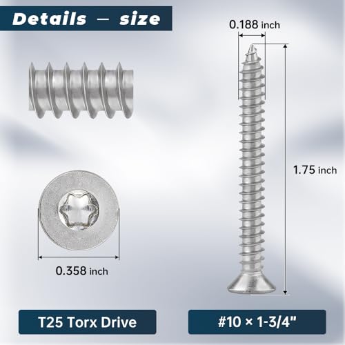 50 Pack #10 x 1-3/4" Torx Flat Head Self Tapping Wood Screws, 304 Stainless Steel 18/8, Indoor/Outdoor Use, Includes Torx Bit - size: #10 x 1-3/4