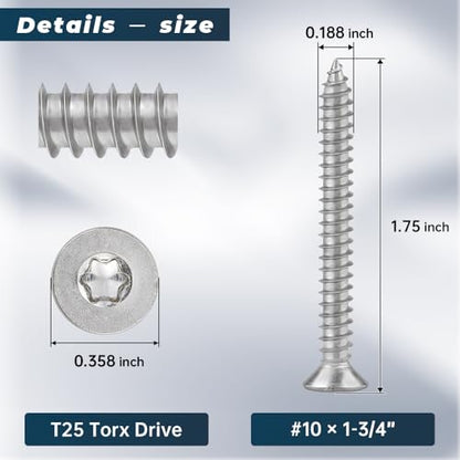 50 Pack #10 x 1-3/4" Torx Flat Head Self Tapping Wood Screws, 304 Stainless Steel 18/8, Indoor/Outdoor Use, Includes Torx Bit - size: #10 x 1-3/4