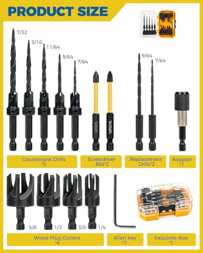 Countersink Drill Bit Set, 16PCS Tapered Bits with Plug Cutters