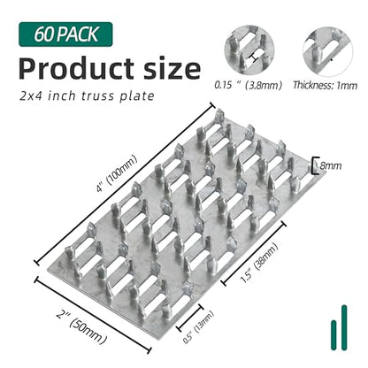 60 Pack 4"x2" Pronged Truss Plates with 8mm Nail Teeth