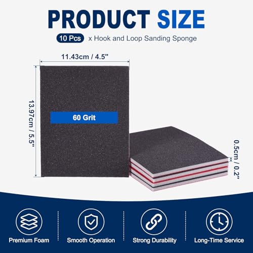 10Pcs 60Grit Sanding Sponges, 5.5x4.5In Hook & Loop Black - size: 60 Grit