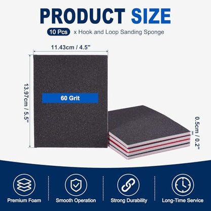 10Pcs 60Grit Sanding Sponges, 5.5x4.5In Hook & Loop Black - size: 60 Grit