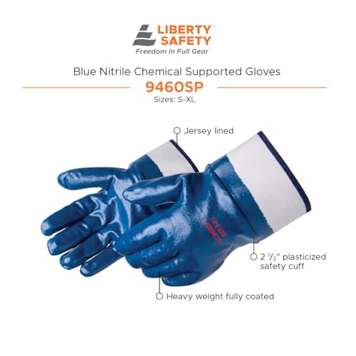 Liberty Glove & Safety 9460SP Fully Coated Nitrile Gloves with 2-1/2" Safety Cuff, Jersey Lined, Abrasion-Resistant Grip, Industrial Work Gloves | Blue, X-Large, Pack of 12 - size: X-Large (Pack of 12)