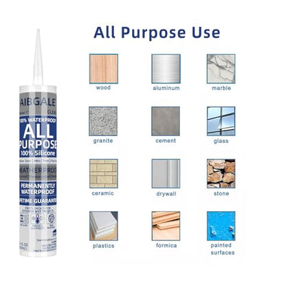 Clear Silicone Sealant, All-Purpose 100% Waterproof Silicone Caulk, Adhesive Caulking Tool for Indoor & Outdoor Windows, Aquarium, Bathroom Auto Leak Seal, 10.1 oz Cartridge, 1 Packs (1)