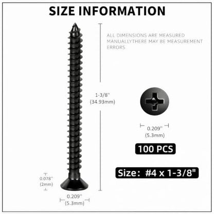 #4 x1-3/8 [100 Pack] Flat Head Phillips Drive Self Tapping Screws, Sheet Metal Screws, Black Oxide, 304 Stainless Steel (18-8), Corrosion Resistant Screw for Wood, Sheet Metal and More - size: #4 x1-3/8