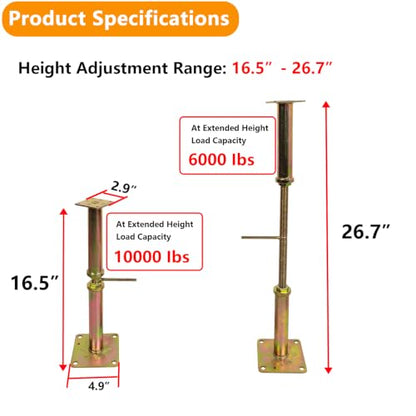 4 Pack Adjustable House Jack Floor Joist Support 16.5"-26.7" for Leveling - size: 16.5-26.7 inch