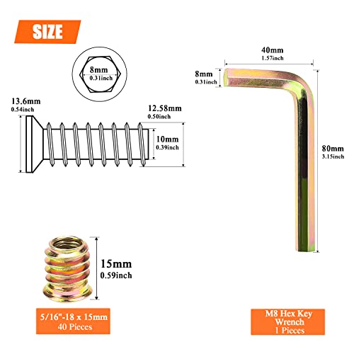 5/16-18 Threaded Inserts, Wood Inserts, Steel Threaded Inserts for Wood Furniture Screw, HELIFOUNER 40 Pieces 5/16”-18 x 15mm Threaded Inserts with Hex Wrench for Wood Furniture - size: 5/16"-18 x 15mm