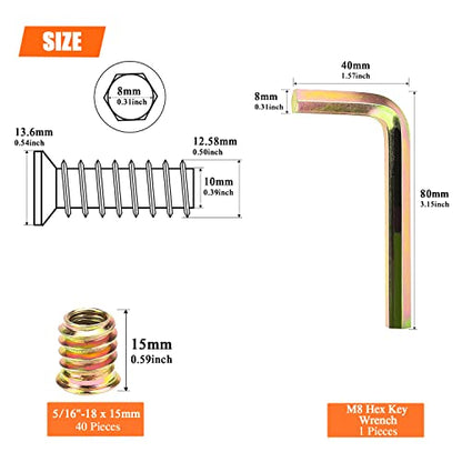 5/16-18 Threaded Inserts, Wood Inserts, Steel Threaded Inserts for Wood Furniture Screw, HELIFOUNER 40 Pieces 5/16”-18 x 15mm Threaded Inserts with Hex Wrench for Wood Furniture - size: 5/16"-18 x 15mm