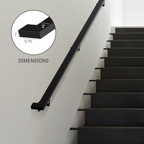 Modern Aluminum Handrail Complete DIY Kit – Matte Black with Adjustable Wall Mount Brackets Included (13' Length) - size: 13' length