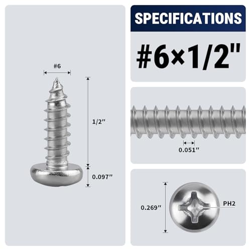 #6 x 1/2" (100 Pack) Stainless Steel Phillips Pan Head Wood Screws, Stainless Steel 304 (18-8), Pan Head Sheet Metal Screws Self Tapping for Wood - size: #6 x 1/2"