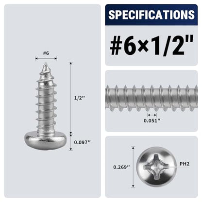#6 x 1/2" (100 Pack) Stainless Steel Phillips Pan Head Wood Screws, Stainless Steel 304 (18-8), Pan Head Sheet Metal Screws Self Tapping for Wood - size: #6 x 1/2"