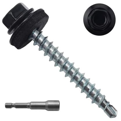 250PCS #10 x 1-1/2" Black Hex Head Self-Drilling Metal Roofing Screws - color: Black, size: 1-1/2 in