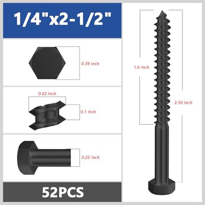 Wensilon Lag Screws Wood Screws,(52PCS, 1/4" x2-1/2, Black) Hex Head Lag Bolts,(6x65) Heavy Duty Lag Screws,304 Stainless Steel Bolts 18-8 - color: Black, size: 1/4"x2-1/2