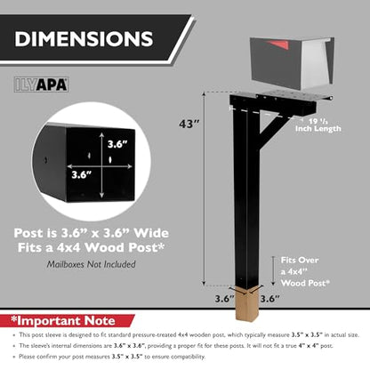 Ilyapa Mailbox Post Kit for Outside - 43x4x4 Sleeve, 2 Brackets - Black - color: Black