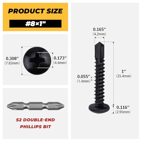 150pk #8 x 1 Black Pan Self-Drilling Sheet Metal Screws, 410 SS + Bit - size: #8 x 1"