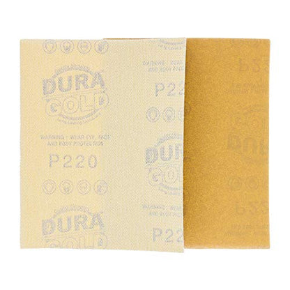 Dura-Gold Premium 1/4 Sheet Gold Sandpaper Sheets, 220 Grit (Box of 25) - size: 220-Grit