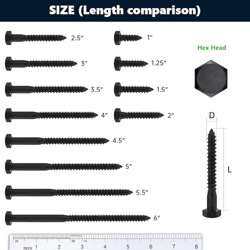 10-Sets 3/8 x 3 Black Hex Head Lag Screws & Flat Washers, Heavy Duty Wood Lag Screws, 304 Stainless Steel (18-8), 3/8" Bolt - size: 3/8 x 3