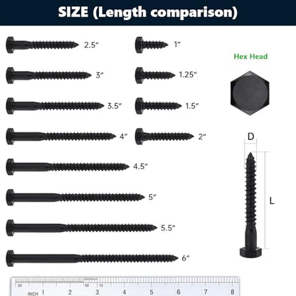 10-Sets 3/8 x 3 Black Hex Head Lag Screws & Flat Washers, Heavy Duty Wood Lag Screws, 304 Stainless Steel (18-8), 3/8" Bolt - size: 3/8 x 3