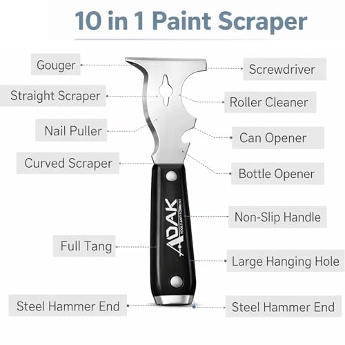 ADAK 10-in-1 Paint Scraper and Painter’s Tool, Multi-Purpose Putty Knife & Spackle Scraper for Wood, Metal & Wall Repair, Heavy-Duty Scraping Tool for Painting, Cleaning & Home Improvement
