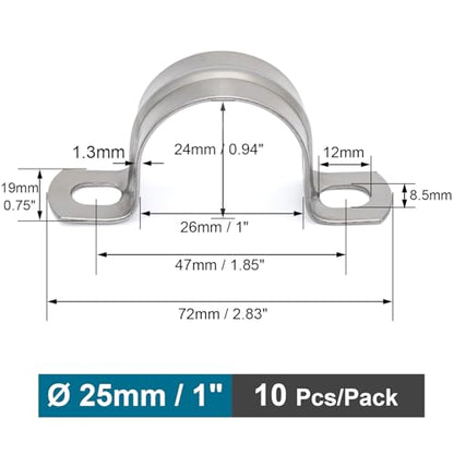 SS304 Conduit Clamps 1 Inch, 2-holes Pipe Bracket U Clamp for Cable/Water Pipe/Pipe, Heavy Duty Pipe Clamp | OD 1" | 10 pcs - size: Ø 1"