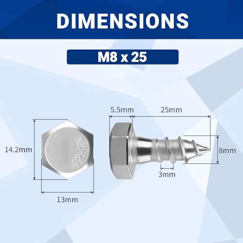 20-Sets M8 x 25mm Hex Head Lag Screws Bolts with Flat Washers, 304 Stainless Steel (18/8), Partial Thread, Heavy Duty Hex Head Lag Deck/Wood Screws - size: M8 x 25mm