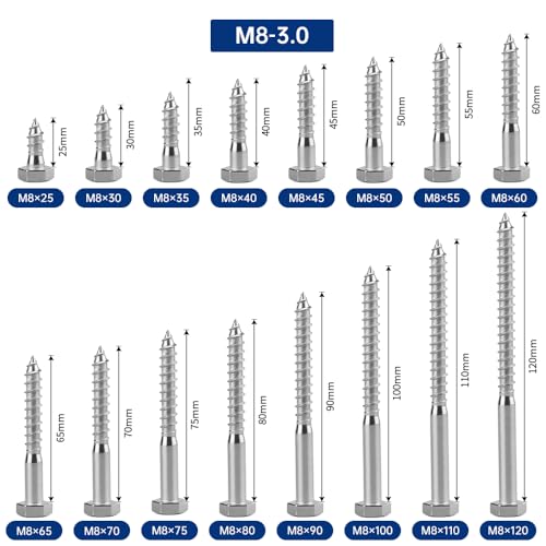 10-Sets M8 x 90mm Hex Head Lag Screws Bolts with Flat Washers, 304 Stainless Steel (18/8), Partial Thread, Heavy Duty Hex Head Lag Deck/Wood Screws - size: M8 x 90mm