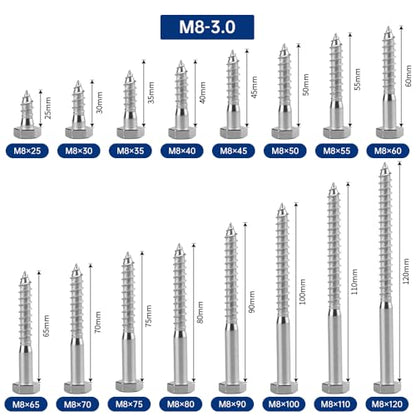 10-Sets M8 x 70mm Hex Head Lag Screws Bolts with Flat Washers, 304 Stainless Steel (18/8), Partial Thread, Heavy Duty Hex Head Lag Deck/Wood Screws - size: M8 x 70mm