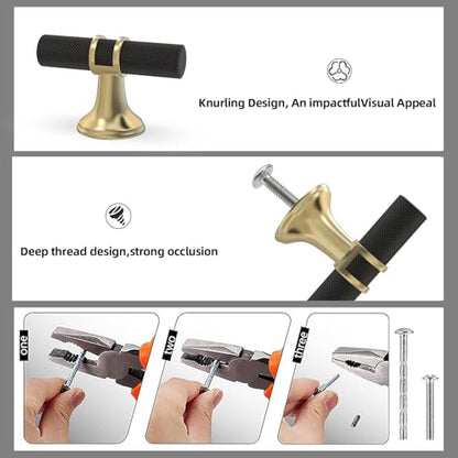 10 Pack Black and Gold Kitchen Cabinet Knobs - color: Black and Brushed Gold Knurled, size: Knobs