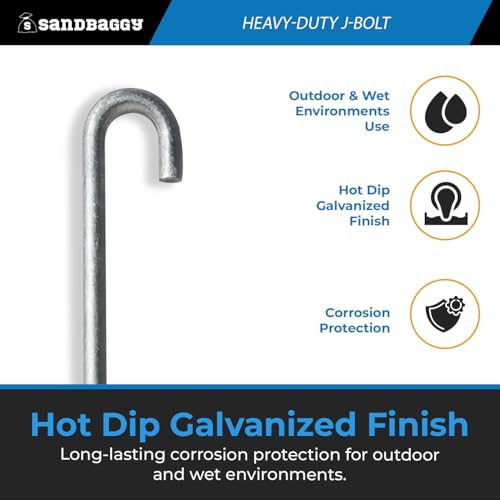 3/4" x 18" Galvanized Threaded J-Bolt Concrete Anchor (Nut & Washer Included) - Sandbaggy (3/4" x 18", 10, Count)
