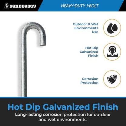 3/4" x 18" Galvanized Threaded J-Bolt Concrete Anchor (Nut & Washer Included) - Sandbaggy (3/4" x 18", 10, Count)