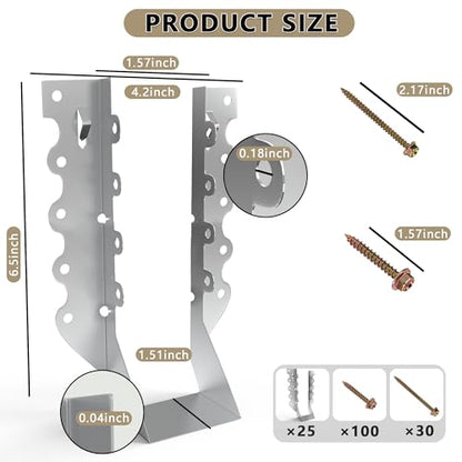 25 pcs 2x8 Joist Hangers with Screws, Galvanized Face Mount Hurricane Tie - size: Silver 2" x 8" Joist Hangers - 25 pcs