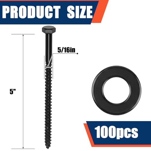 Tandefio 100 Pack 5/16''X 5'' Lag Bolts Screw with Washer Galvanized, Black - size: 5/16''x 5''